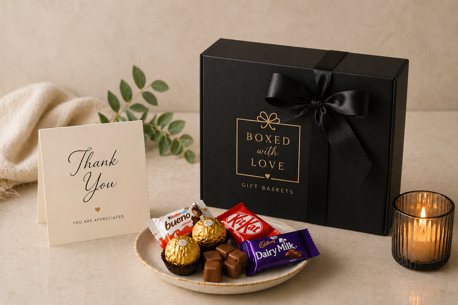 Boxed with Love gift box with chocolates and a thank-you card